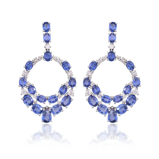 18k White Gold Diamond Dangle Earrings - Natural Blue Sapphire Gemstone Dangle Earrings Hover Image