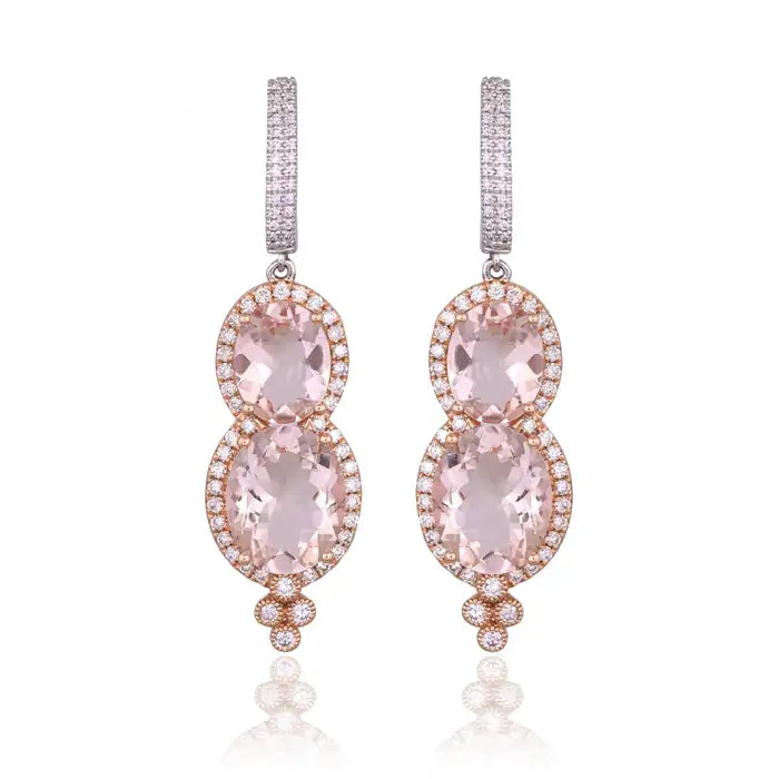 Natural Morganite & Diamond Dangle Earrings - 18k Rose Gold Handmade Earrings