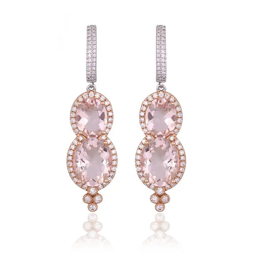 Natural Morganite & Diamond Dangle Earrings - 18k Rose Gold Handmade Earrings