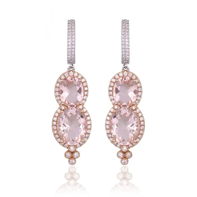 Natural Morganite & Diamond Dangle Earrings - 18k Rose Gold Handmade Earrings Hover Image