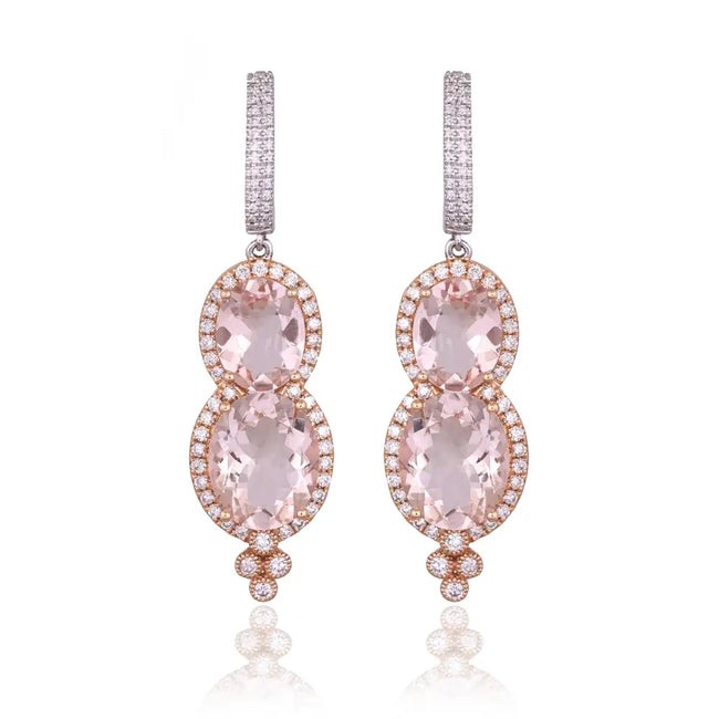Natural Morganite Gemstone Dangle Earrings - 18k Rose Gold Diamond Dangle Earrings Hover Image