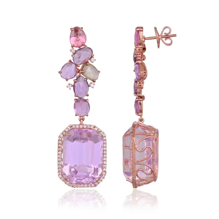 Natural Kunzite & Multi Sapphire Earrings - 18k Rose Gold Diamond Dangle Earrings