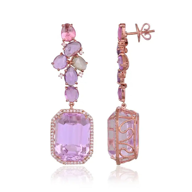 Natural Kunzite & Multi Sapphire Earrings - 18k Rose Gold Diamond Dangle Earrings Hover Image