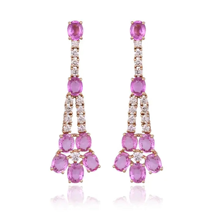 18k Rose Gold Diamond Handmade Earrings - Natural Pink Sapphire Dangle Earrings