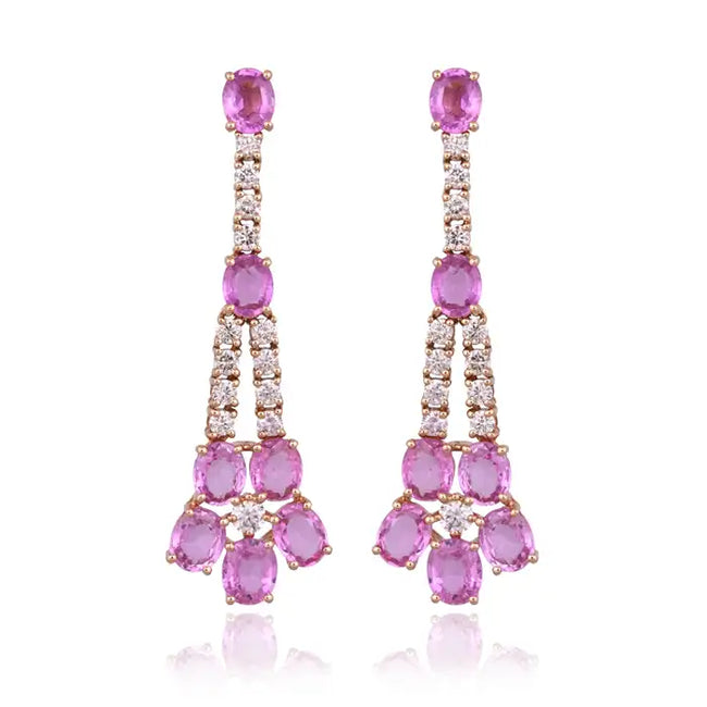 18k Rose Gold Diamond Handmade Earrings - Natural Pink Sapphire Dangle Earrings Hover Image