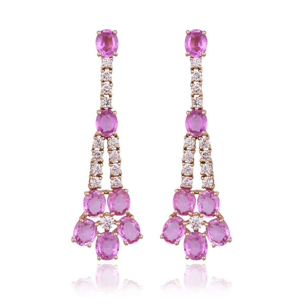 Natural Pink Sapphire Gemstone Dangle Earrings - 18k Rose Gold Diamond Earrings