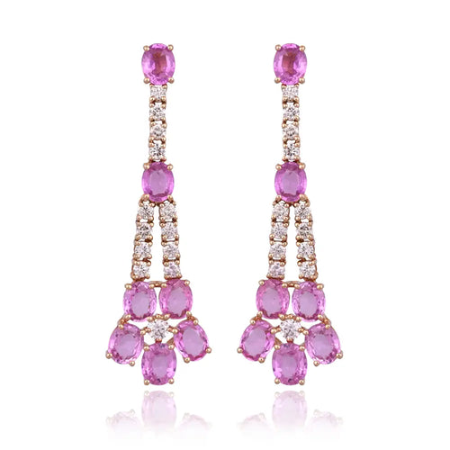 Natural Pink Sapphire Gemstone Dangle Earrings - 18k Rose Gold Diamond Earrings