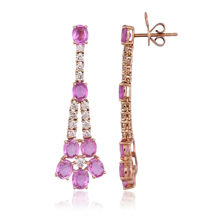 18k Rose Gold Diamond Handmade Earrings - Natural Pink Sapphire Dangle Earrings