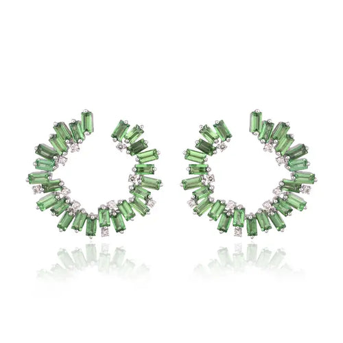 18k White Gold Diamond Earrings Natural Tsavorite Hoop Earrings