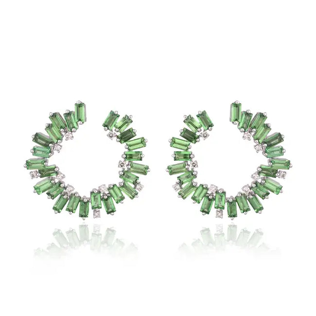 18k White Gold Diamond Earrings Natural Tsavorite Hoop Earrings Hover Image