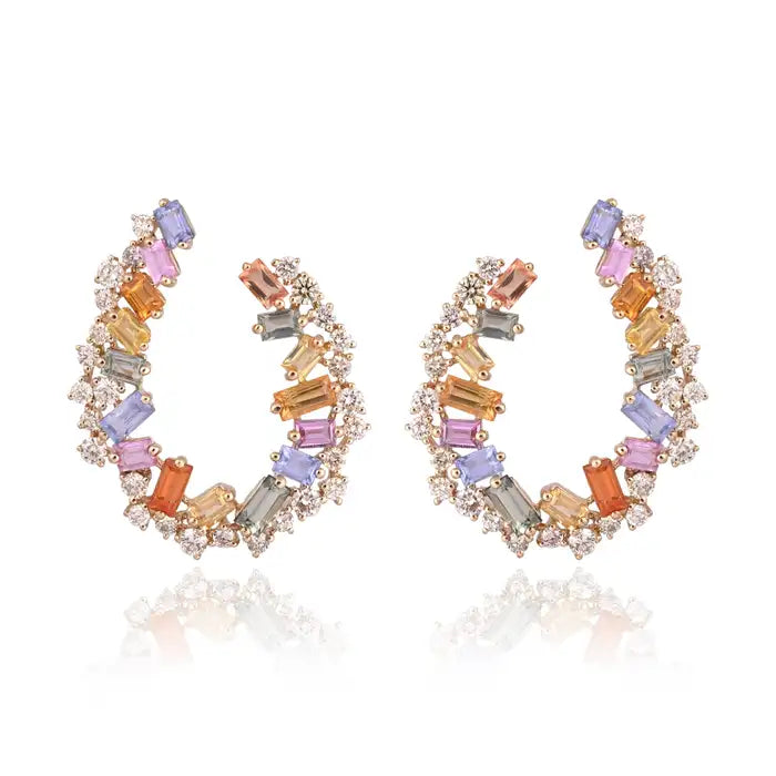 Natural Multi Sapphire & Diamond Hoop Earrings - 18k Yellow Gold Handmade Earrings