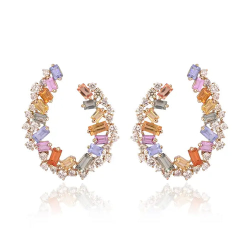 Natural Multi Sapphire & Diamond Hoop Earrings - 18k Yellow Gold Handmade Earrings