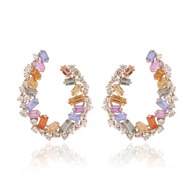 Natural Multi Sapphire & Diamond Hoop Earrings - 18k Yellow Gold Handmade Earrings Hover Image
