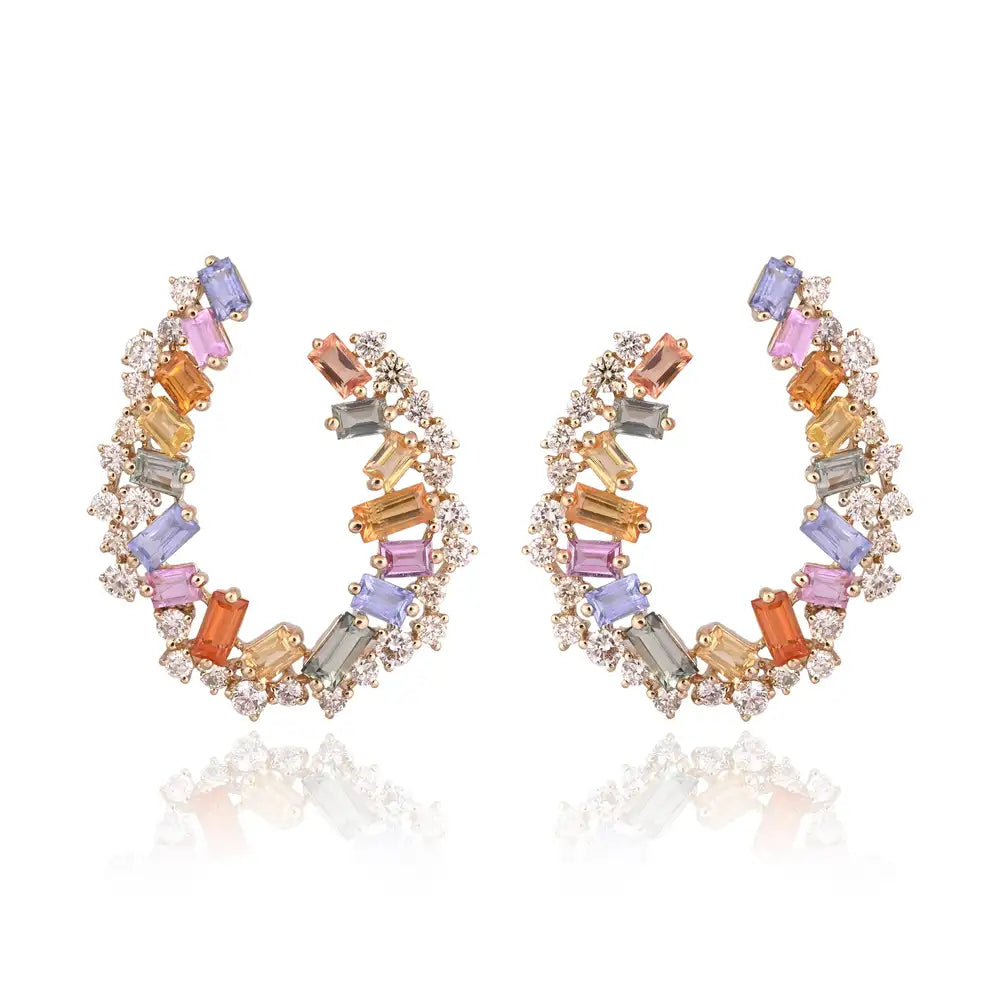 4.14 Ct. Multi Sapphire Gemstone Hoop Earrings - 18k Yellow Gold Diamond Hoop Earrings