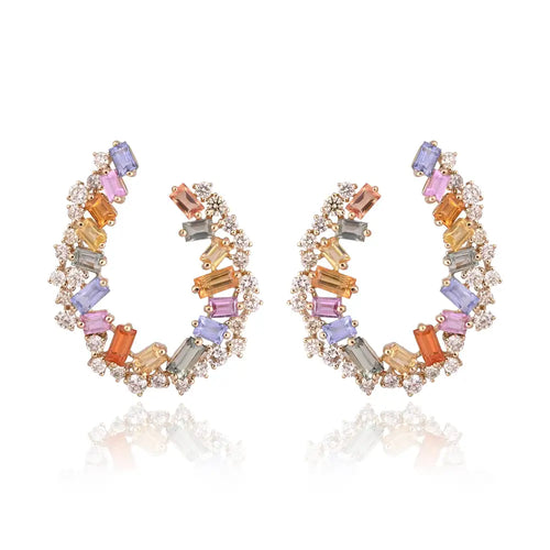 4.14 Ct. Multi Sapphire Gemstone Hoop Earrings - 18k Yellow Gold Diamond Hoop Earrings