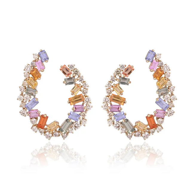 4.14 Ct. Multi Sapphire Gemstone Hoop Earrings - 18k Yellow Gold Diamond Hoop Earrings Hover Image