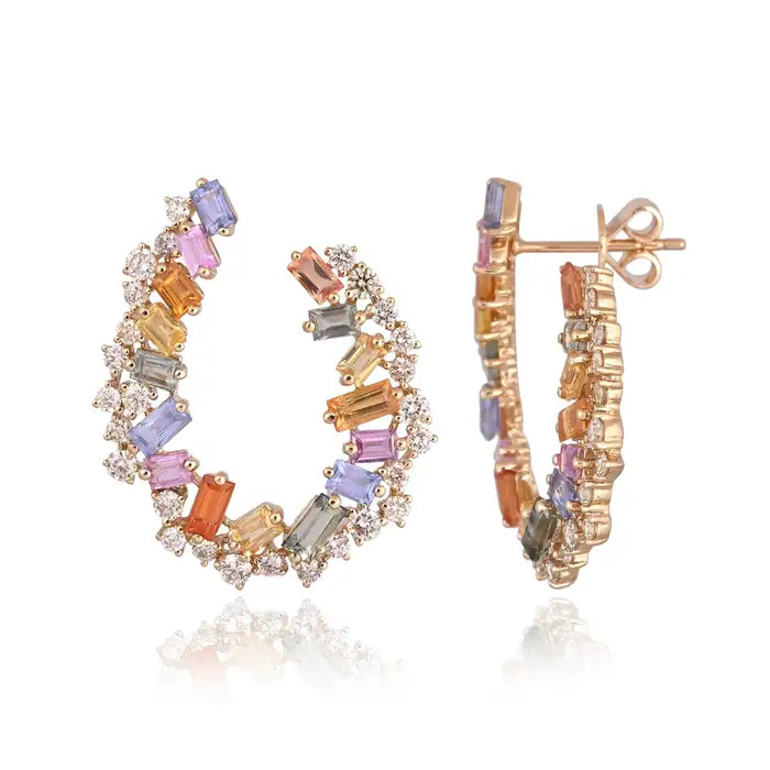 Natural Multi Sapphire & Diamond Hoop Earrings - 18k Yellow Gold Handmade Earrings