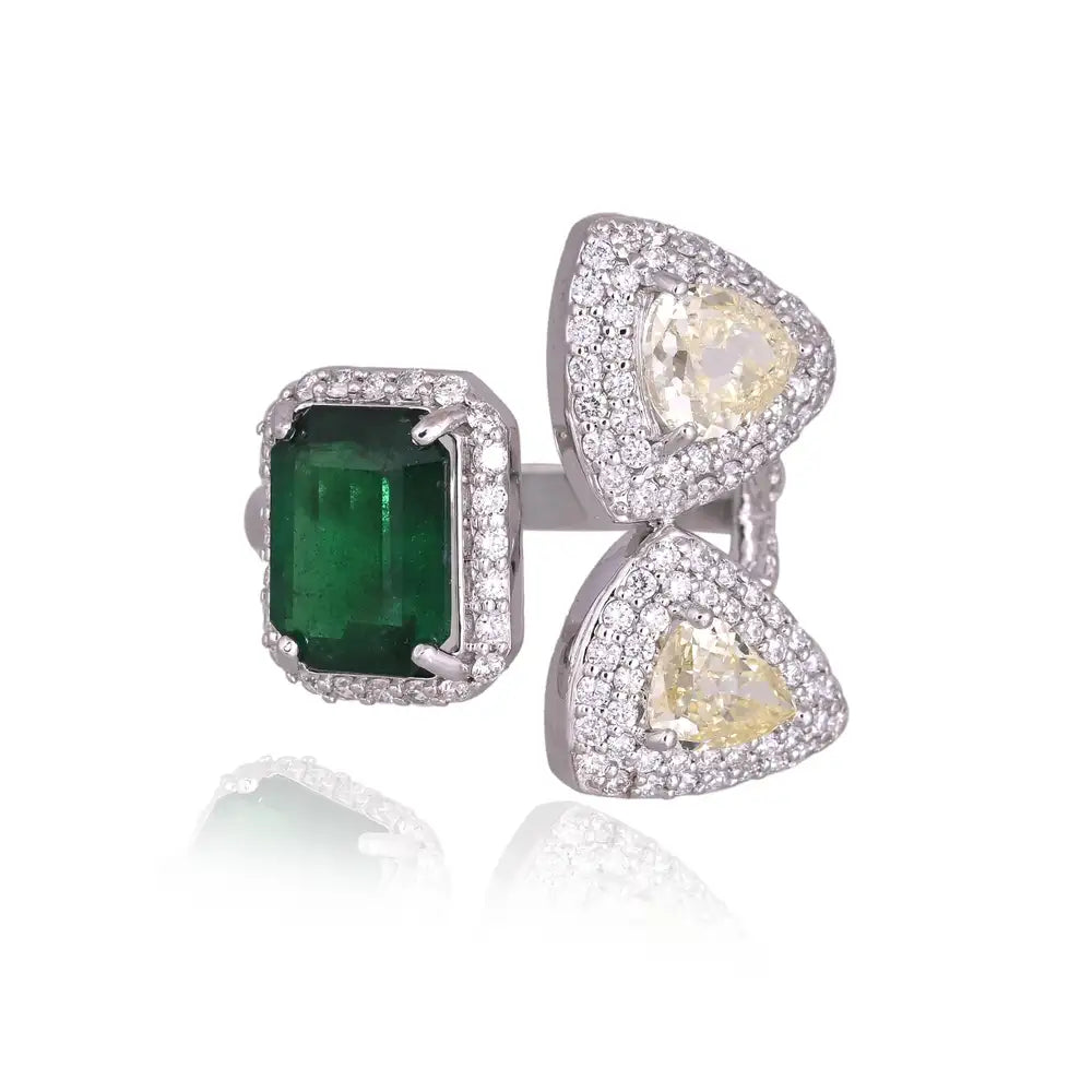 18k White Gold Diamond Wedding Ring - Natural Zambian Emerald Gemstone Ring