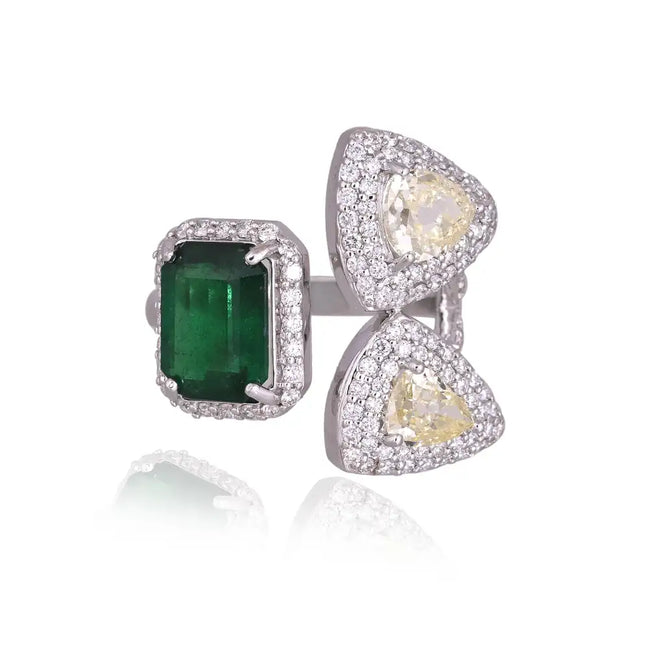 18k White Gold Diamond Wedding Ring - Natural Zambian Emerald Gemstone Ring Hover Image