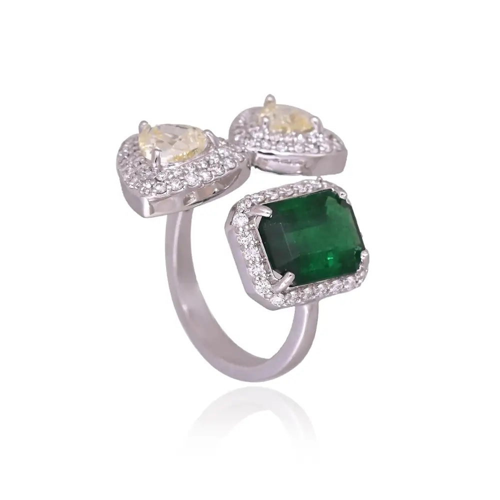 18k White Gold Diamond Wedding Ring - Natural Zambian Emerald Gemstone Ring
