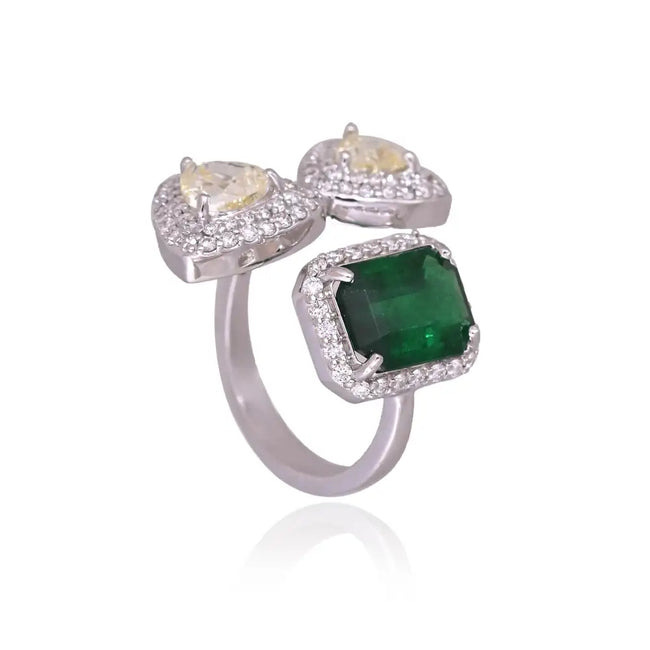 18k White Gold Diamond Wedding Ring - Natural Zambian Emerald Gemstone Ring Main Image