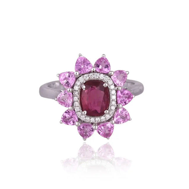 Natural Rubellite & Pink Sapphire Cocktail Ring - 18k White Gold Diamond Ring Hover Image