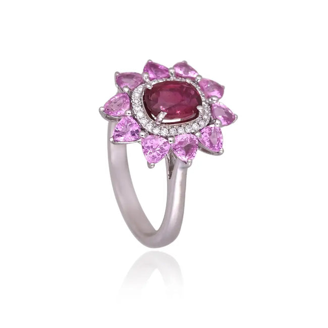 Natural Rubellite & Pink Sapphire Cocktail Ring - 18k White Gold Diamond Ring Main Image