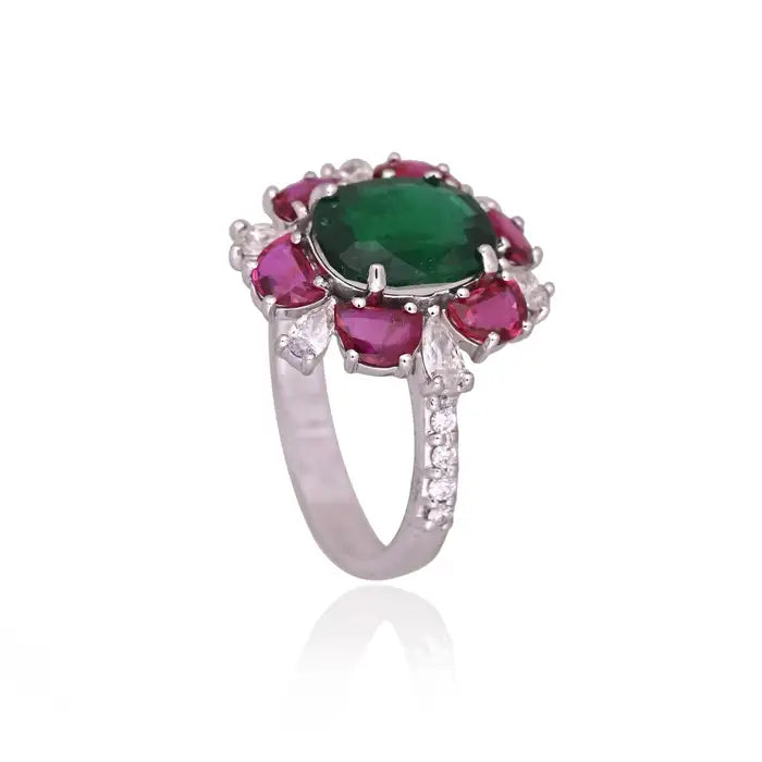 Natural Mozambique Ruby & Zambian Emerald Cocktail Ring - 18k White Gold Diamond Ring