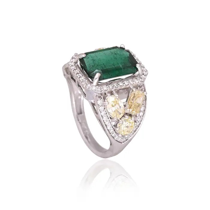 Natural Zambian Emerald Cocktail Ring - 18k White Gold Ring With Yellow Diamonds