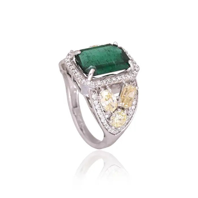 Natural Zambian Emerald Cocktail Ring - 18k White Gold Ring With Yellow Diamonds Main Image