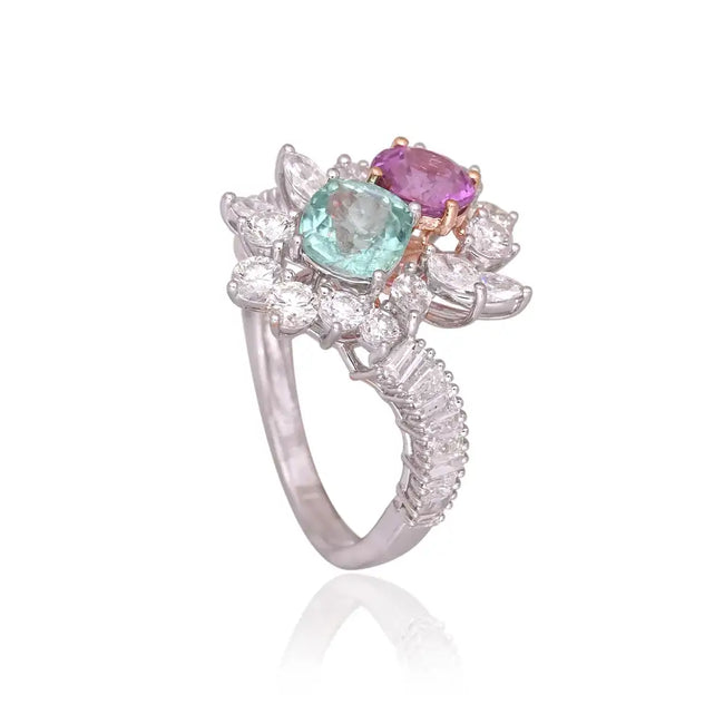 18k White Gold Diamond Toi et Moi Ring - Natural Pink Sapphire & Paraiba Tourmaline Cocktail Ring Main Image