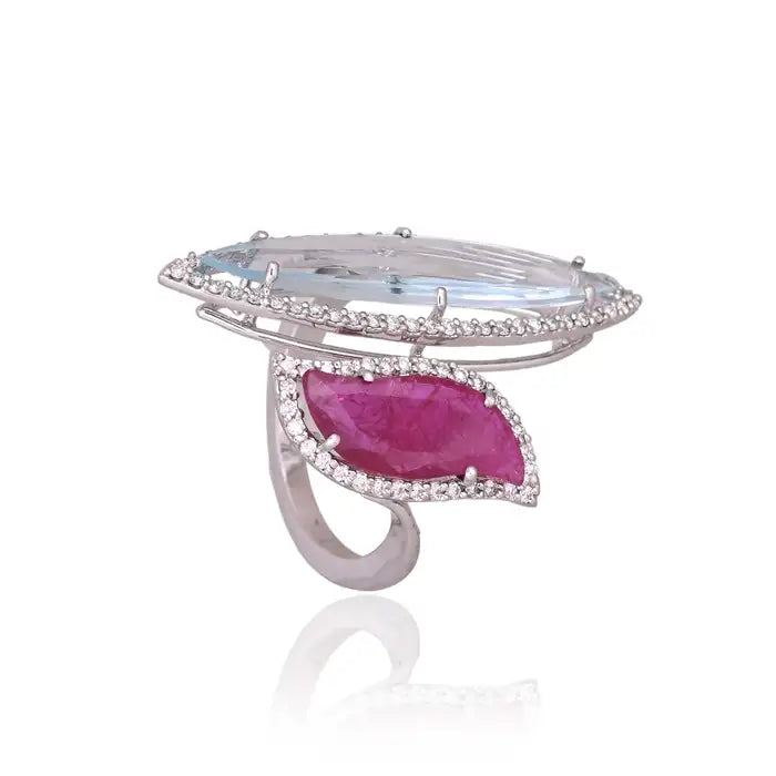 Natural Aquamarine & Mozambique Ruby Ring - 18k White Gold Diamond Ring
