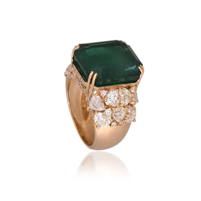 15.63 Ct. Zambian Emerald & Yellow Diamond Statement Ring - 18k Yellow Gold Handmade Ring Main Image
