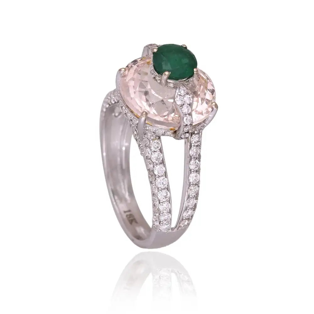 Natural Morganite & Zambian Emerald Gemstone Ring - 18k White Gold Diamond Ring