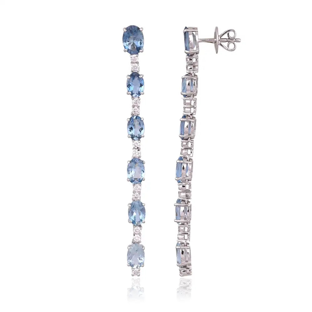 18k White Gold Diamond Dangle Earrings - Natural Aquamarine Gemstone Dangle Earrings