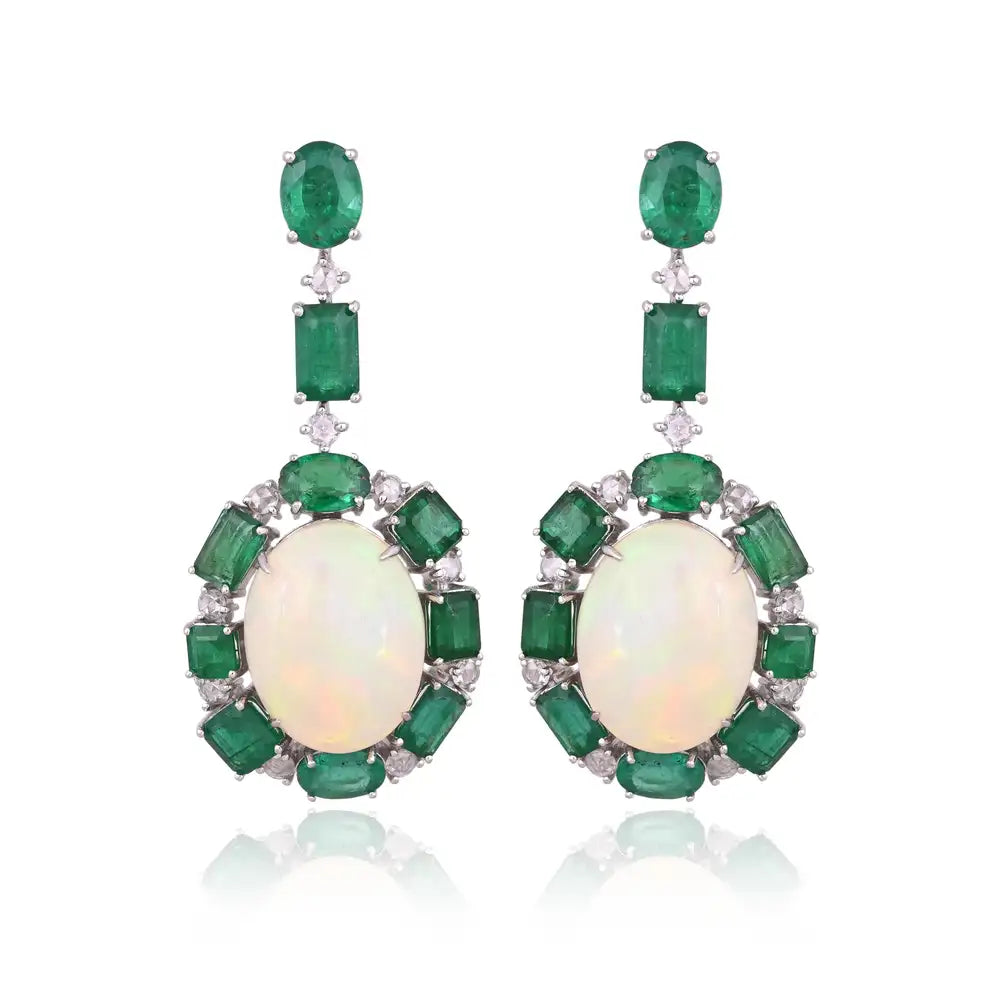 18k White Gold Diamond Dangle Earrings - Natural Zambian Emerald & Ethiopian Opal Dangle Earrings