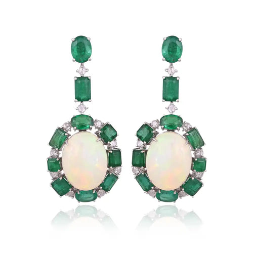 18k White Gold Diamond Dangle Earrings - Natural Zambian Emerald & Ethiopian Opal Dangle Earrings