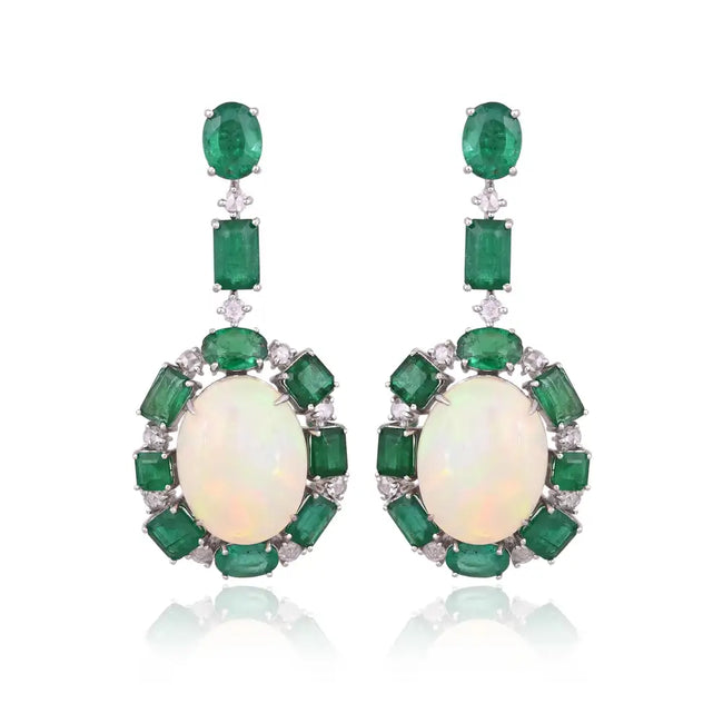 18k White Gold Diamond Dangle Earrings - Natural Zambian Emerald & Ethiopian Opal Dangle Earrings Hover Image