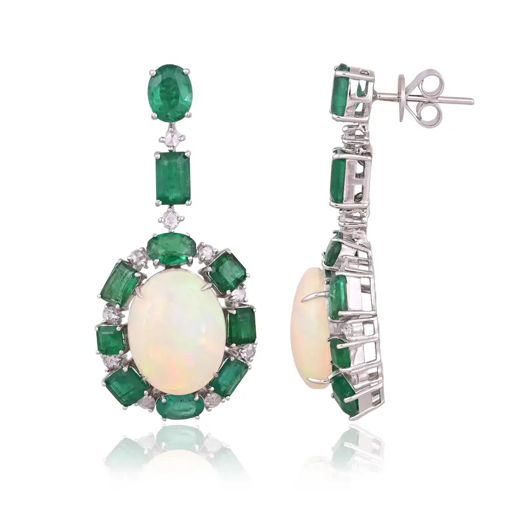 18k White Gold Diamond Dangle Earrings - Natural Zambian Emerald & Ethiopian Opal Dangle Earrings