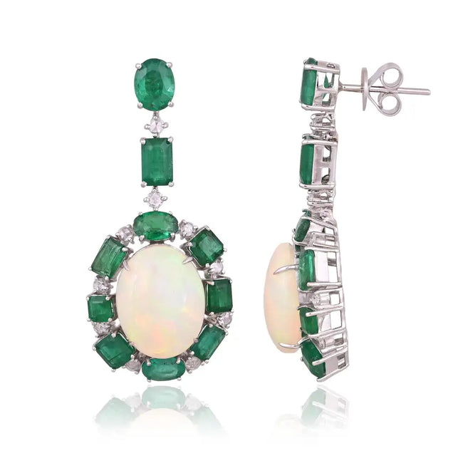 18k White Gold Diamond Dangle Earrings - Natural Zambian Emerald & Ethiopian Opal Dangle Earrings Main Image