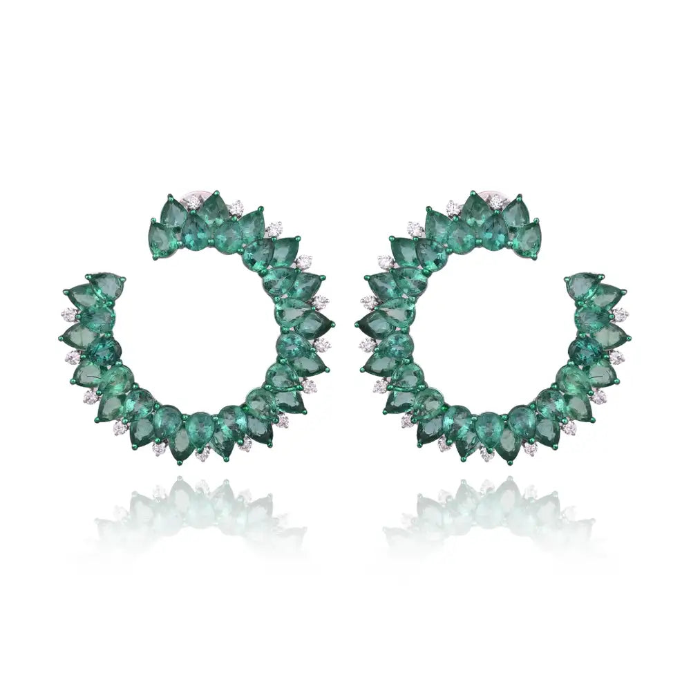 Natural Zambian Emerald Gemstone Hoop Earrings - 18k White Gold Diamond Handmade Hoop Earrings