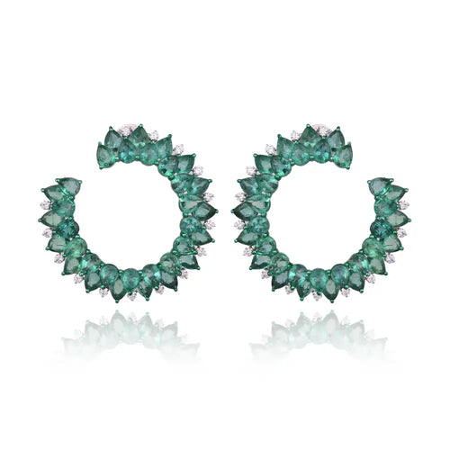 Natural Zambian Emerald Gemstone Hoop Earrings - 18k White Gold Diamond Handmade Hoop Earrings