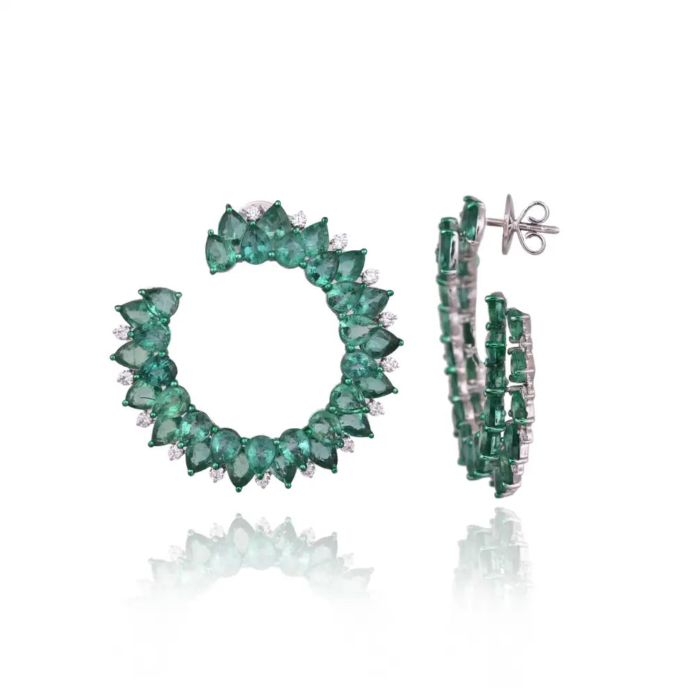Natural Zambian Emerald Gemstone Hoop Earrings - 18k White Gold Diamond Handmade Hoop Earrings
