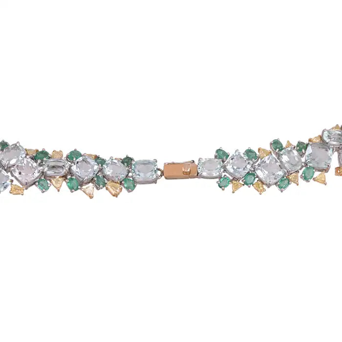 Natural Aquamarine & Zambian Emerald Necklace - 18k White Gold & Yellow Diamond Necklace