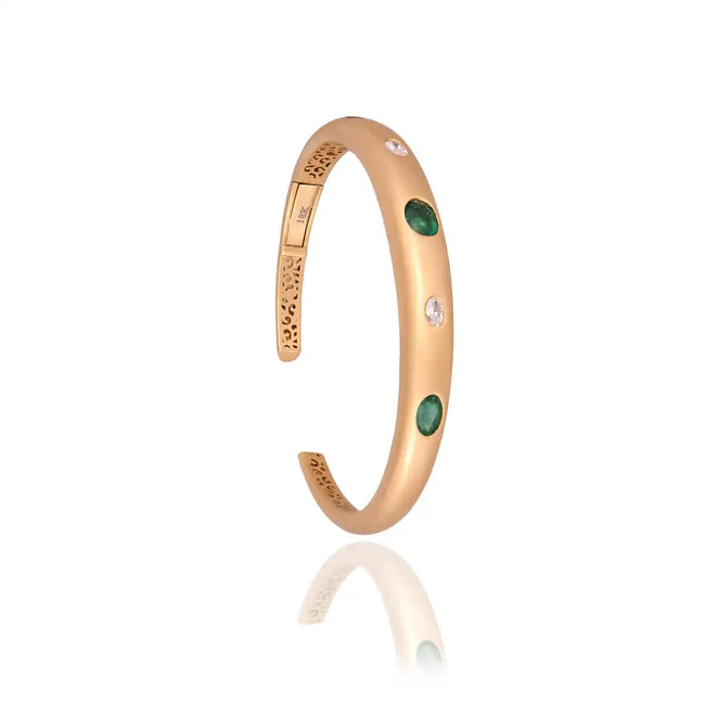 18k Yellow Matte Gold Bangle - Natural Emerald & Diamond Bangle Hover Image