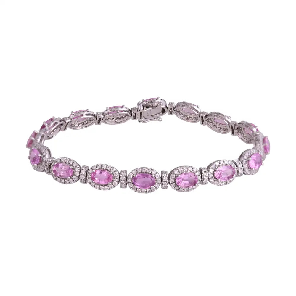 Natural Pink Sapphire Gemstone Bracelet - 18k White Gold Diamond Handmade Bracelet