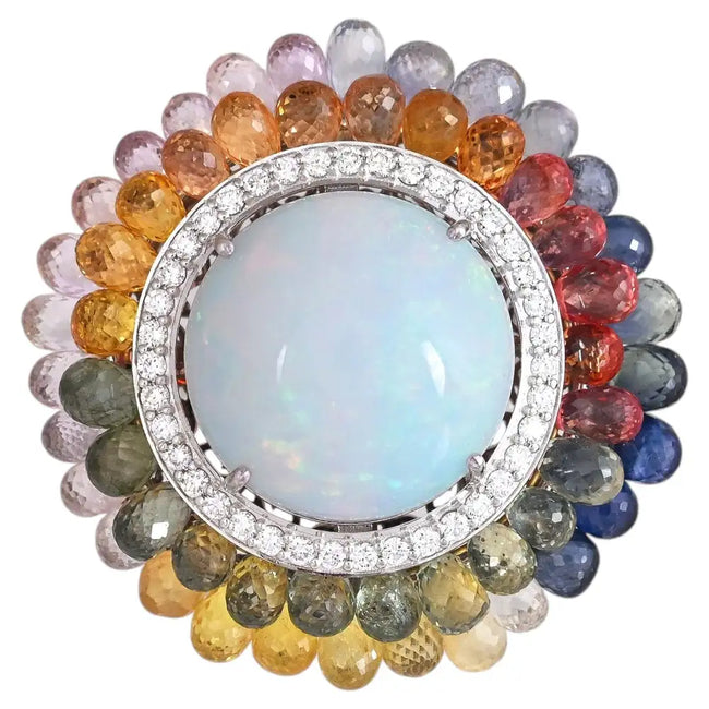Ethiopian Opal & Multi Sapphire Briolettes Cocktail Ring - 18k White Gold Diamond Handmade Ring Hover Image