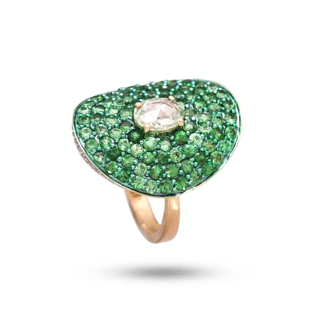 Natural Tsavorite Garnets Gemstone Ring - 18k Yellow Gold Cocktail Ring Yellow Rose Cut Diamonds