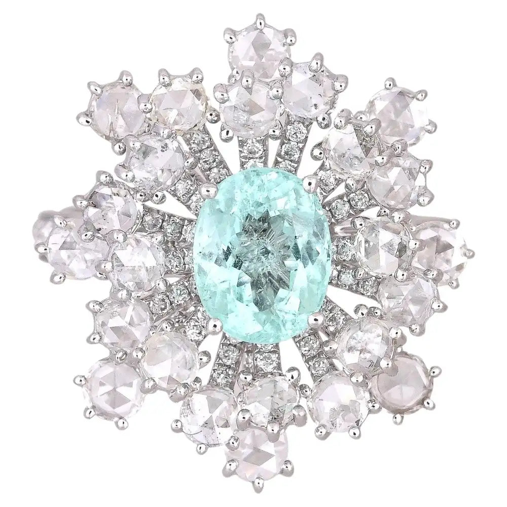 18k White Gold Diamond Wedding Ring - Natural Paraiba Tourmaline Gemstone Ring