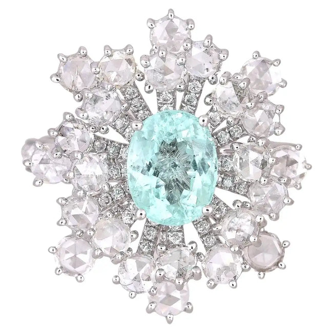 18k White Gold Diamond Wedding Ring - Natural Paraiba Tourmaline Gemstone Ring Hover Image